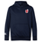The England Shield Club Lightweight Hoodie by EMB Canterbury is perfect for rugby supporters, featuring a front pocket, a navy blue color, an England Shield emblem on the chest, and a white Canterbury logo on the sleeve.