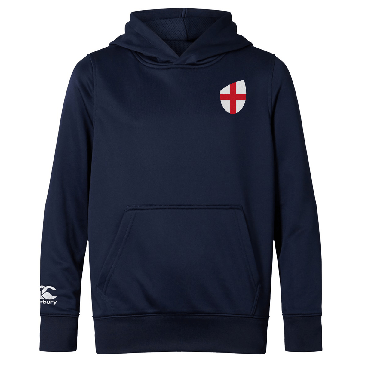 The England Shield Club Lightweight Hoodie by EMB Canterbury is perfect for rugby supporters, featuring a front pocket, a navy blue color, an England Shield emblem on the chest, and a white Canterbury logo on the sleeve.