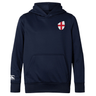 The England Shield Club Lightweight Hoodie by EMB Canterbury is perfect for rugby supporters, featuring a front pocket, a navy blue color, an England Shield emblem on the chest, and a white Canterbury logo on the sleeve.