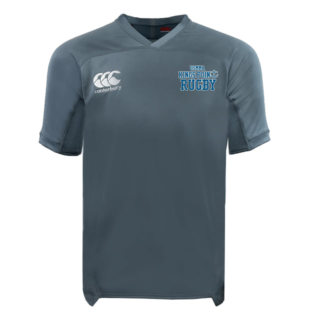 The King's Point Rugby Vapodri Evader Jersey by EMB Canterbury, in gray, displays the Canterbury logo on the right side and the "USMA Kings Point Rugby" logo on the left. It incorporates a VapoDri finish for superior moisture-wicking, offering maximum comfort during intense games.