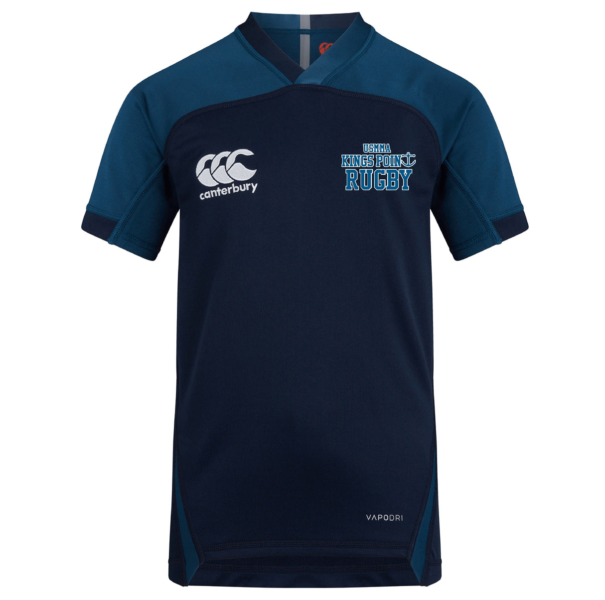 The King's Point Rugby Vapodri Evader Jersey by EMB Canterbury in navy blue showcases a white "Canterbury" logo and the "USMA Kings Point Rugby" text on its front. Designed with moisture-wicking technology, its VapoDri finish enhances comfort and performance during play.