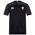 The West Potomac RFC Vapodri Evader Jersey by EMB Canterbury features black short sleeves, dark grey sleeves, a rugby crest on the left chest, a Canterbury logo on the right, and moisture-wicking technology—ideal for Rugby World Cup fans.