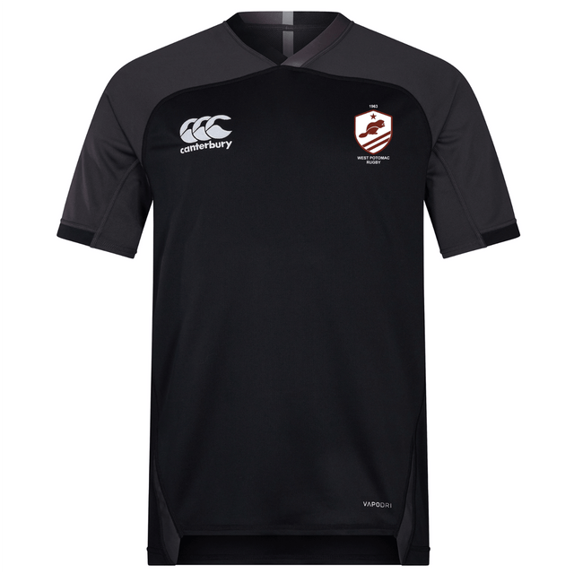 The West Potomac RFC Vapodri Evader Jersey by EMB Canterbury features black short sleeves, dark grey sleeves, a rugby crest on the left chest, a Canterbury logo on the right, and moisture-wicking technology—ideal for Rugby World Cup fans.