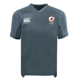 The West Potomac RFC Vapodri Evader Jersey by EMB Canterbury is a plain grey short-sleeve top with moisture-wicking tech, a white EMB Canterbury logo on the right chest, and a West Potomac RFC crest on the left.