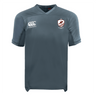 The West Potomac RFC Vapodri Evader Jersey by EMB Canterbury is a plain grey short-sleeve top with moisture-wicking tech, a white EMB Canterbury logo on the right chest, and a West Potomac RFC crest on the left.
