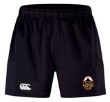 The EMB Canterbury Battleship Rugby Club 50th Anniversary Advantage Short 2.0 has an elastic waistband, a white Canterbury logo on the left leg, and an orange and black team logo on the right—comfortable, sustainable sportswear.