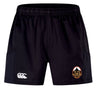 The EMB Canterbury Battleship Rugby Club 50th Anniversary Advantage Short 2.0 has an elastic waistband, a white Canterbury logo on the left leg, and an orange and black team logo on the right—comfortable, sustainable sportswear.