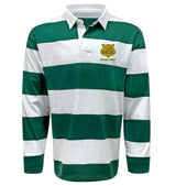 The EMB Sanmar Illinois State University Classic Long Sleeve Hooped Rugger is a green and white striped shirt with a collar and gold embroidered crest on the left chest, perfect for showing your support for the university in style.