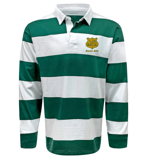 The EMB Sanmar Illinois State University Classic Long Sleeve Hooped Rugger is a green and white striped shirt with a collar and gold embroidered crest on the left chest, perfect for showing your support for the university in style.