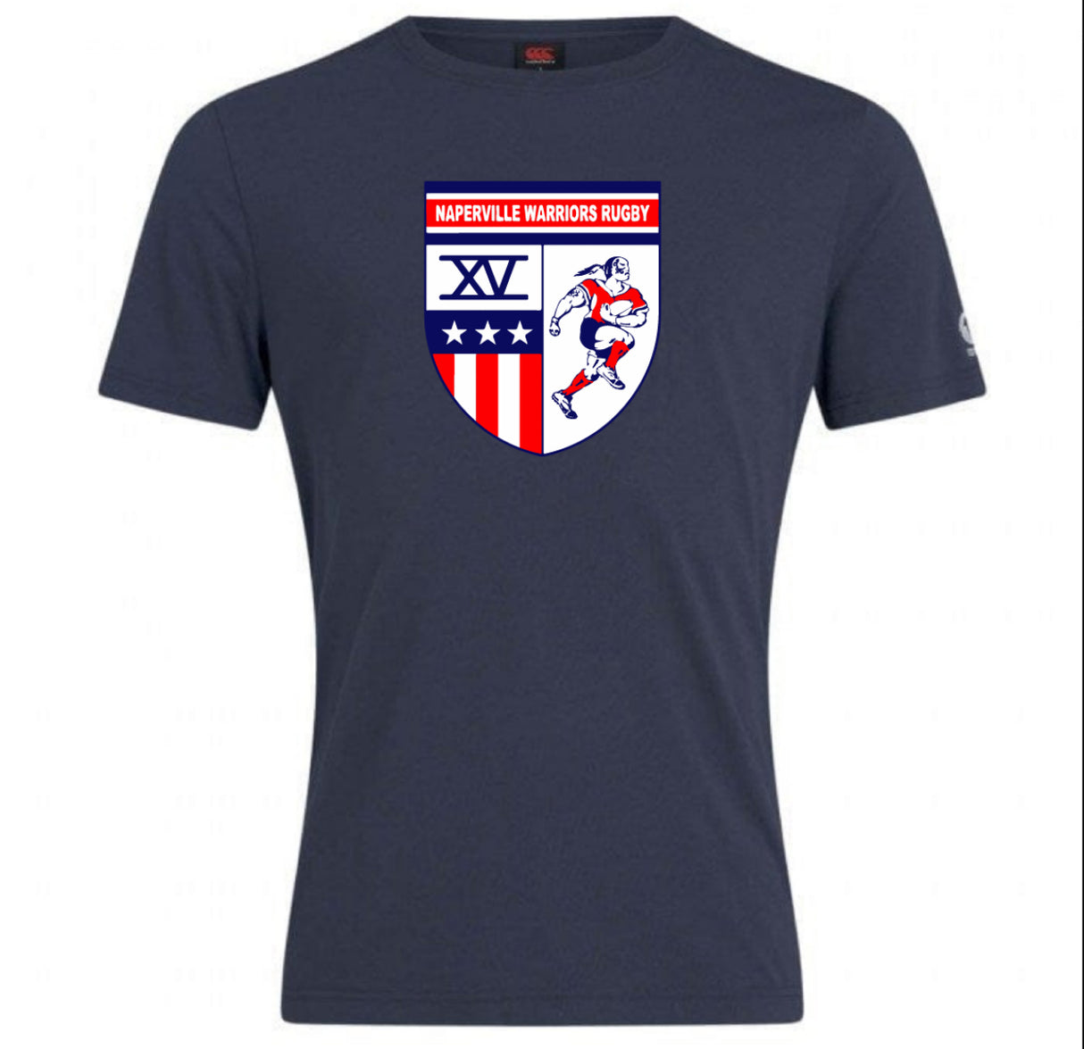 The Naperville Warriors State Finalist Club Plain Tee by WRS Canterbury is a navy blue tee with a "Naperville Warriors Rugby" crest featuring a rugby player, three stars, red and white stripes, XV, and State Finalist details.