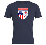 The Naperville Warriors State Finalist Club Plain Tee by WRS Canterbury is a navy blue tee with a "Naperville Warriors Rugby" crest featuring a rugby player, three stars, red and white stripes, XV, and State Finalist details.