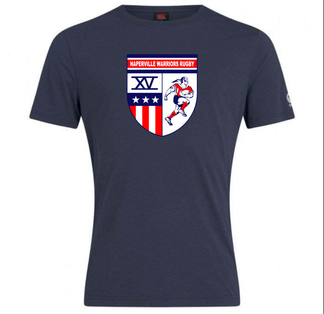 The Naperville Warriors State Finalist Club Plain Tee by WRS Canterbury is a navy blue tee with a "Naperville Warriors Rugby" crest featuring a rugby player, three stars, red and white stripes, XV, and State Finalist details.