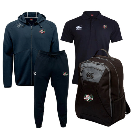 The NOVA Barbarians CCC 4-Piece Performance Bundle by Fast Bundle includes a black hoodie, Vapodri Technology joggers, polo shirt, and Canterbury Backpack with embroidered logos.