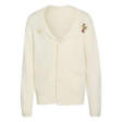 The France FFR 120 Year Cardigan by adidas is a cream rugby cardigan featuring two front pockets, button closure, and embroidered chest patches—an adidas logo and a bear on a unicycle—celebrating French rugby heritage.