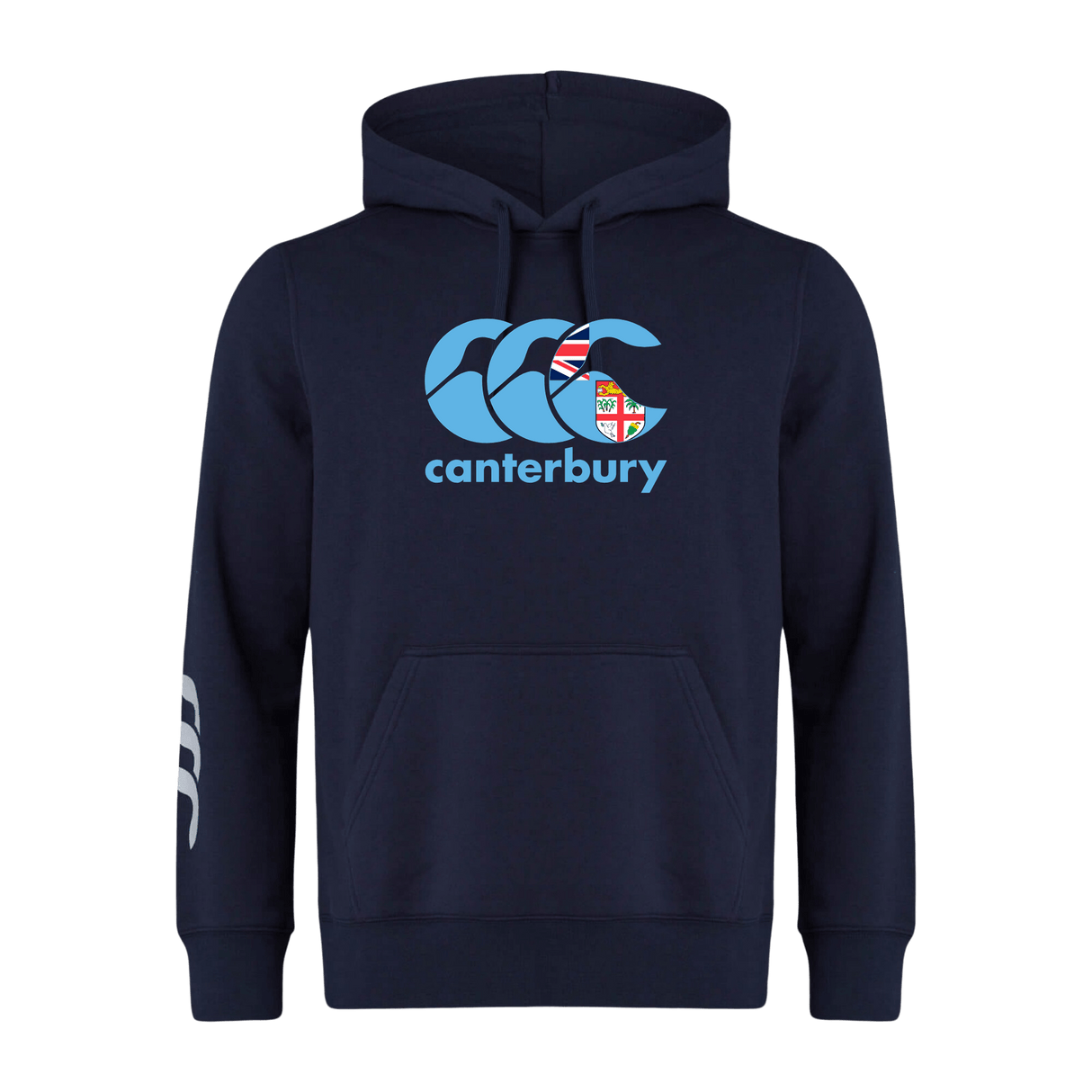 This Canterbury Fiji CCC Flag Club Hoodie by WRS Canterbury is navy blue and displays the iconic CCC logo along with the British & Irish Lions emblem on the front.