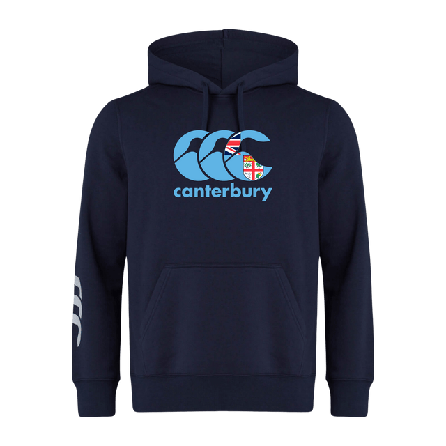 This Canterbury Fiji CCC Flag Club Hoodie by WRS Canterbury is navy blue and displays the iconic CCC logo along with the British & Irish Lions emblem on the front.
