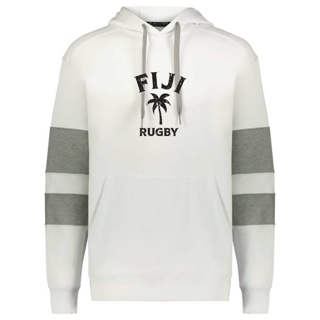 The WRS Augusta Nations of Rugby Fiji Jackson Way Hoodie features grey sleeve stripes and a black "FIJI RUGBY" with palm tree graphic on a white hoodie—perfect for any rugby or Fiji fan.