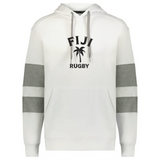 The WRS Augusta Nations of Rugby Fiji Jackson Way Hoodie features grey sleeve stripes and a black "FIJI RUGBY" with palm tree graphic on a white hoodie—perfect for any rugby or Fiji fan.
