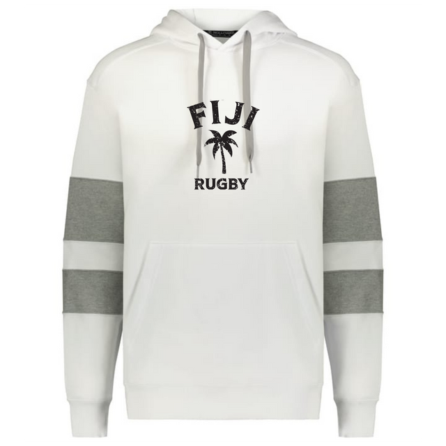 The WRS Augusta Nations of Rugby Fiji Jackson Way Hoodie features grey sleeve stripes and a black "FIJI RUGBY" with palm tree graphic on a white hoodie—perfect for any rugby or Fiji fan.