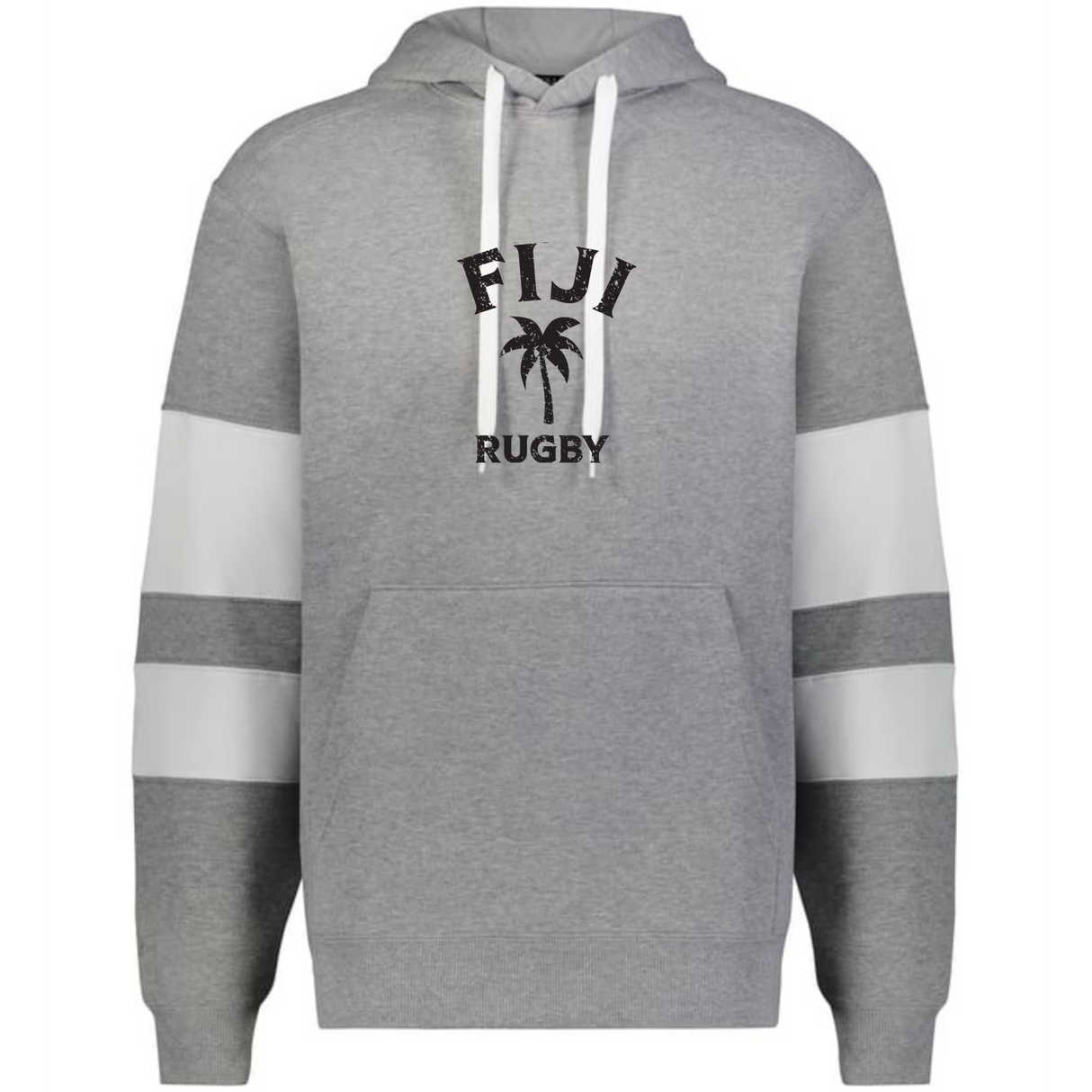 The WRS Augusta Nations of Rugby Fiji Jackson Way Hoodie is grey with white drawstrings and sleeve stripes, featuring "FIJI RUGBY" text and a palm tree graphic on the chest.