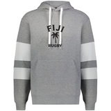 The WRS Augusta Nations of Rugby Fiji Jackson Way Hoodie is grey with white drawstrings and sleeve stripes, featuring "FIJI RUGBY" text and a palm tree graphic on the chest.