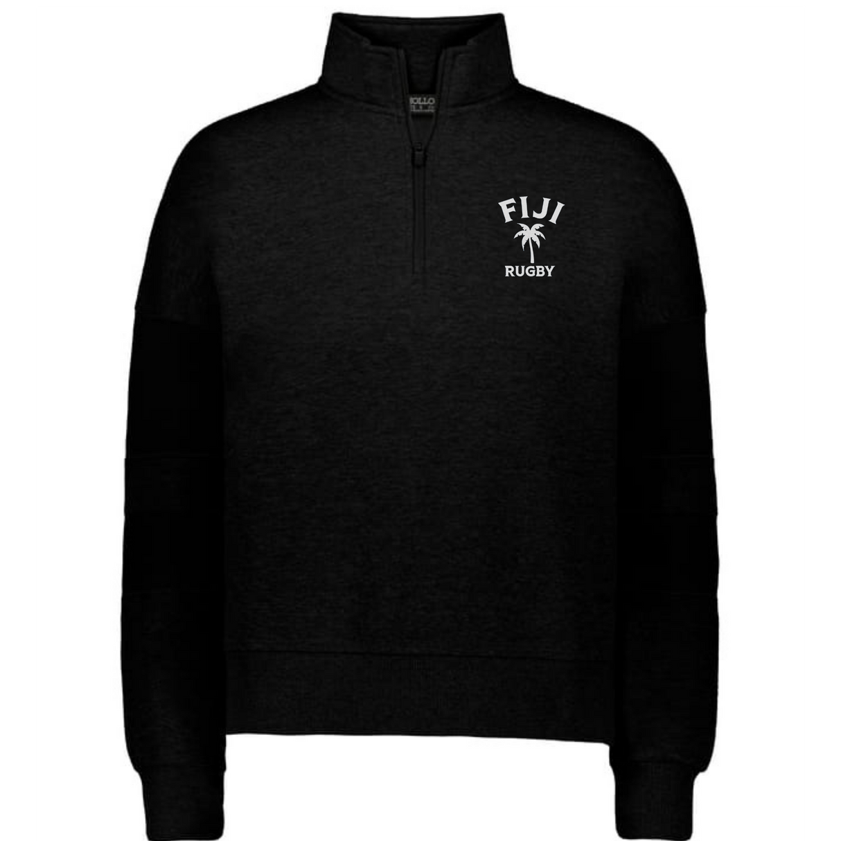 The EMB Augusta Women's Nations of Rugby Fiji Jackson Way Pullover is a black top with "FIJI RUGBY" and a white palm tree logo on the left chest—ideal supporter apparel for any fan.