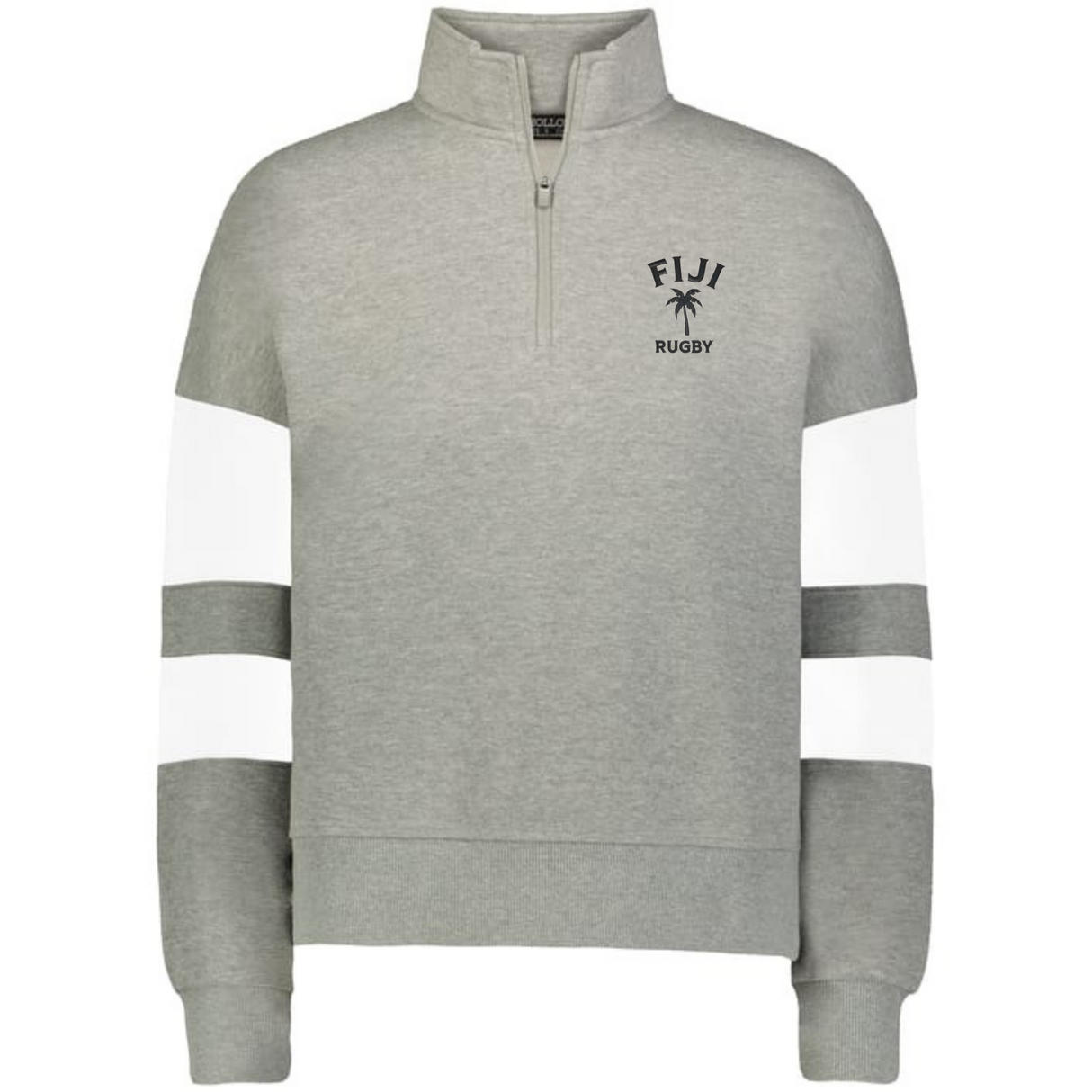 The EMB Augusta Women's Nations of Rugby Fiji Jackson Way Pullover is a light grey cropped fleece quarter-zip with white sleeve stripes and "FIJI RUGBY" plus palm tree logo on the left chest—perfect supporter apparel.