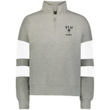 The EMB Augusta Women's Nations of Rugby Fiji Jackson Way Pullover is a light grey cropped fleece quarter-zip with white sleeve stripes and "FIJI RUGBY" plus palm tree logo on the left chest—perfect supporter apparel.