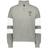 The EMB Augusta Women's Nations of Rugby Fiji Jackson Way Pullover is a light grey cropped fleece quarter-zip with white sleeve stripes and "FIJI RUGBY" plus palm tree logo on the left chest—perfect supporter apparel.