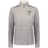 The EMB Augusta Women's Nations of Rugby Fiji Pursuit 1/4 Zip Pullover features light grey fabric with subtle horizontal stripes, a "FIJI RUGBY" palm tree chest logo, and moisture-wicking material for lasting comfort.