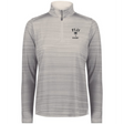 The EMB Augusta Women's Nations of Rugby Fiji Pursuit 1/4 Zip Pullover features light grey fabric with subtle horizontal stripes, a "FIJI RUGBY" palm tree chest logo, and moisture-wicking material for lasting comfort.
