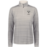 The EMB Augusta Women's Nations of Rugby Fiji Pursuit 1/4 Zip Pullover features light grey fabric with subtle horizontal stripes, a "FIJI RUGBY" palm tree chest logo, and moisture-wicking material for lasting comfort.
