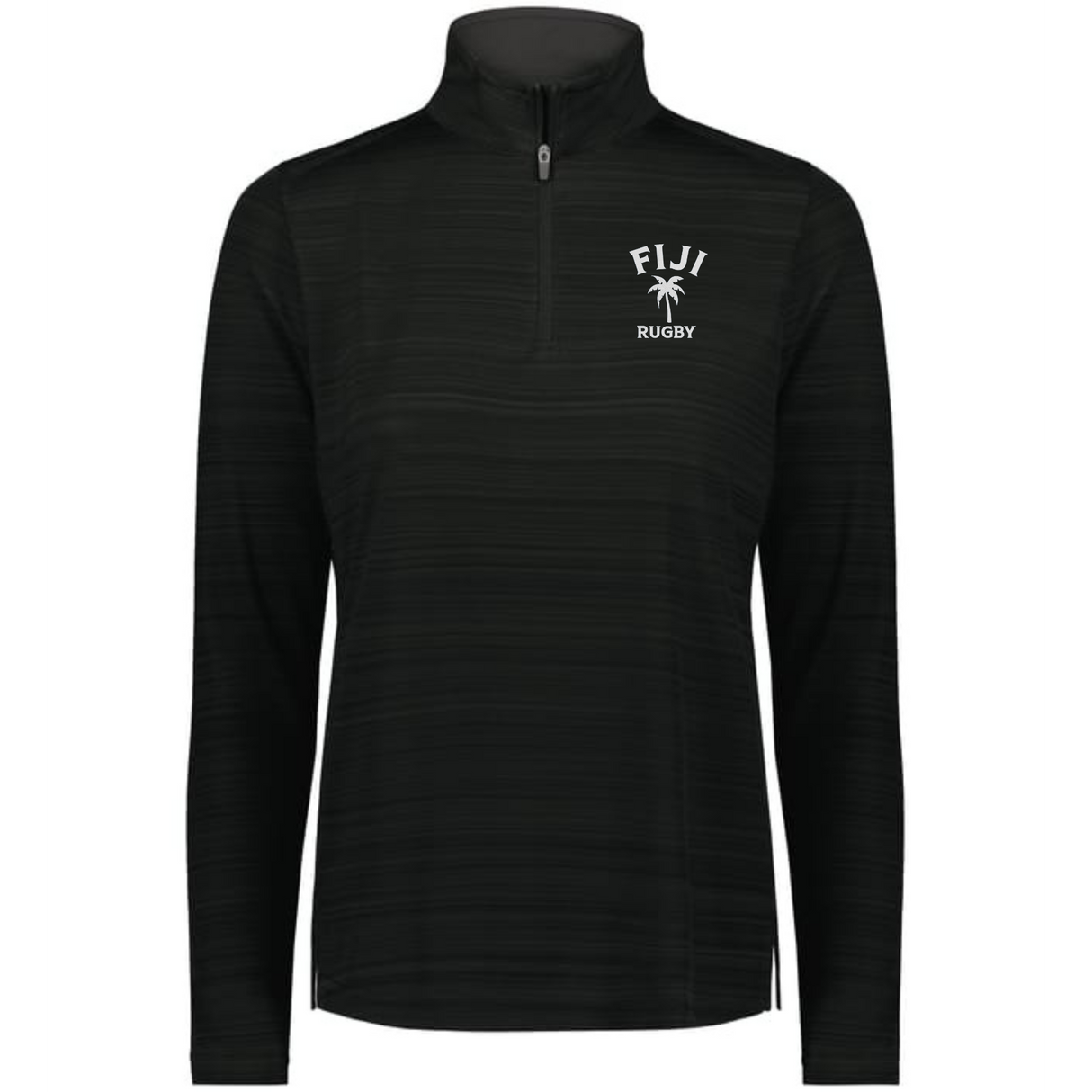 The EMB Augusta Women's Nations of Rugby Fiji Pursuit 1/4 Zip Pullover is black with “Fiji Rugby” and a white palm tree logo on the chest. Made from moisture-wicking fabric, it's perfect for comfort and style on or off the field.