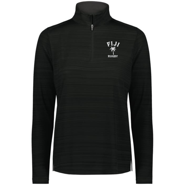 The EMB Augusta Women's Nations of Rugby Fiji Pursuit 1/4 Zip Pullover is black with “Fiji Rugby” and a white palm tree logo on the chest. Made from moisture-wicking fabric, it's perfect for comfort and style on or off the field.