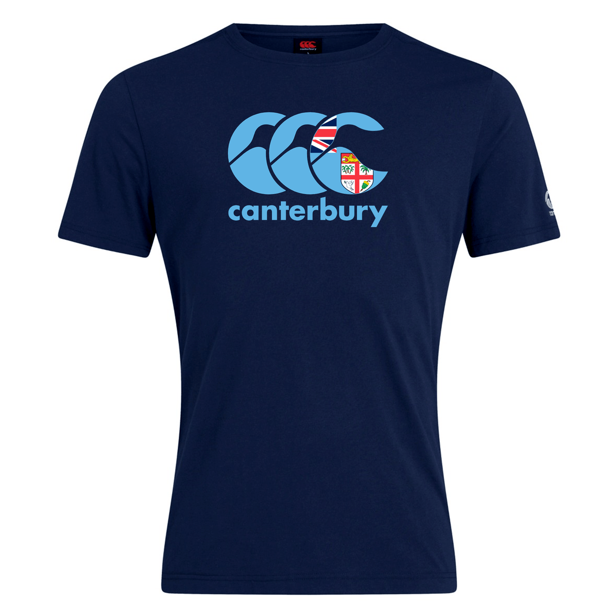 The Canterbury Fiji CCC Flag Club T-Shirt from WRS Canterbury is navy blue and made from a comfy cotton blend. It showcases the "Canterbury" branding, the Canterbury Kiwi Logo in light blue, and a stylized "CCC" logo with a unique flag pattern.