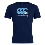 The Canterbury Fiji CCC Flag Club T-Shirt from WRS Canterbury is navy blue and made from a comfy cotton blend. It showcases the "Canterbury" branding, the Canterbury Kiwi Logo in light blue, and a stylized "CCC" logo with a unique flag pattern.