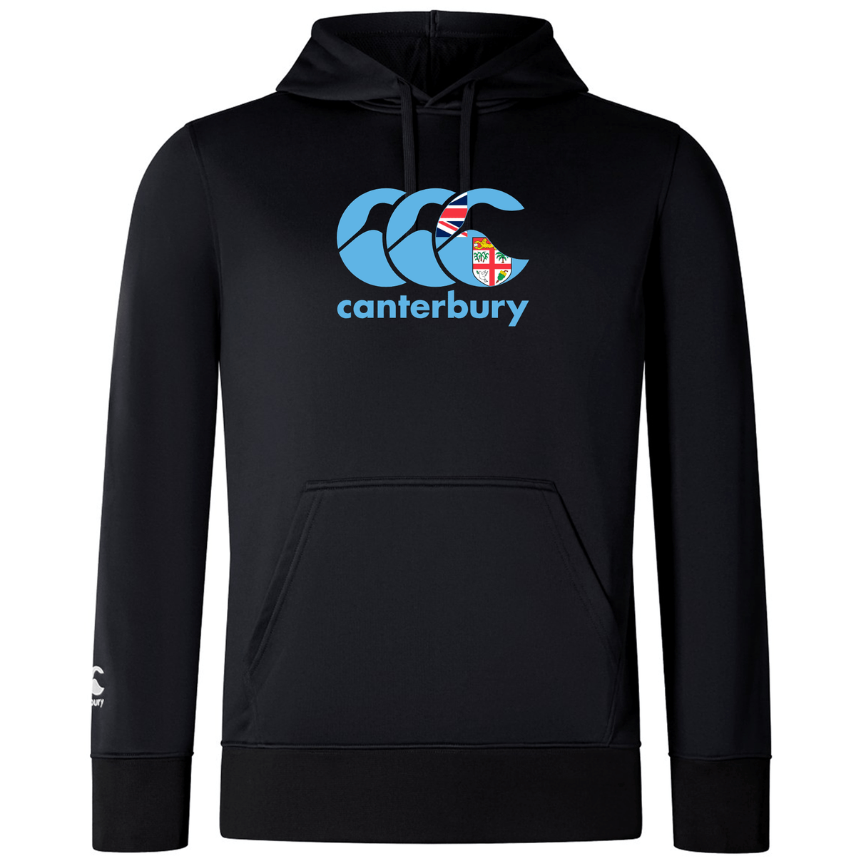 The WRS Canterbury Fiji CCC Club Lightweight Hoodie is black with blue "Canterbury" text and logo, featuring a kangaroo pocket and a small sleeve logo, ideal for Fiji CCC Club fans.