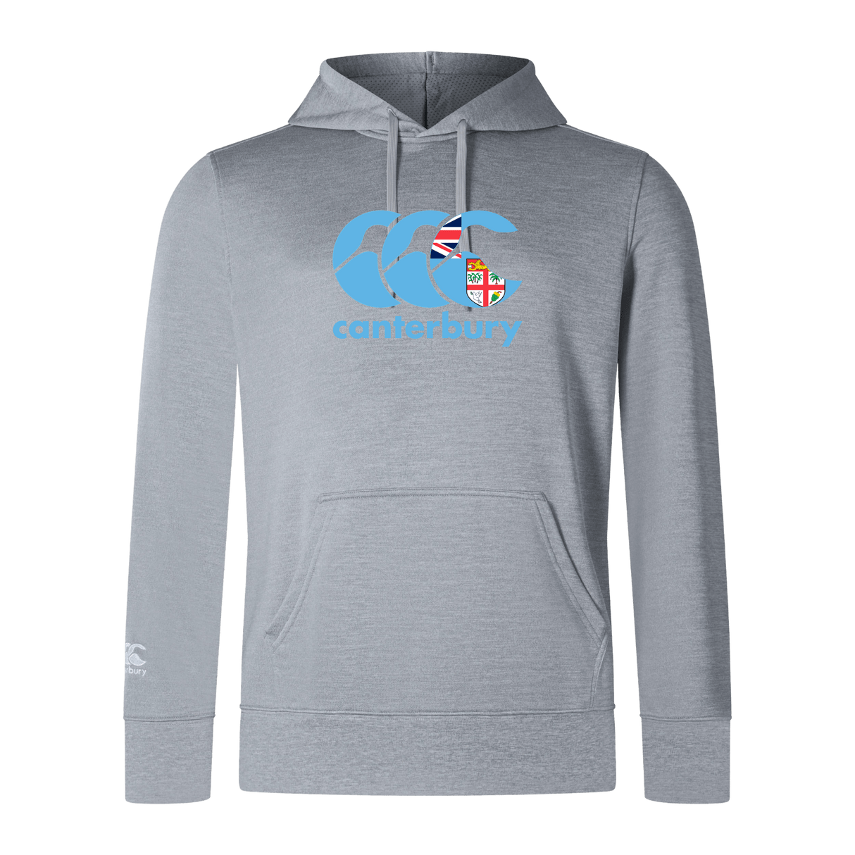 The Canterbury Fiji CCC Club Lightweight Hoodie by WRS Canterbury is a lightweight gray sweatshirt with a bold blue Canterbury logo and a small Fiji CCC Club flag graphic on the front.