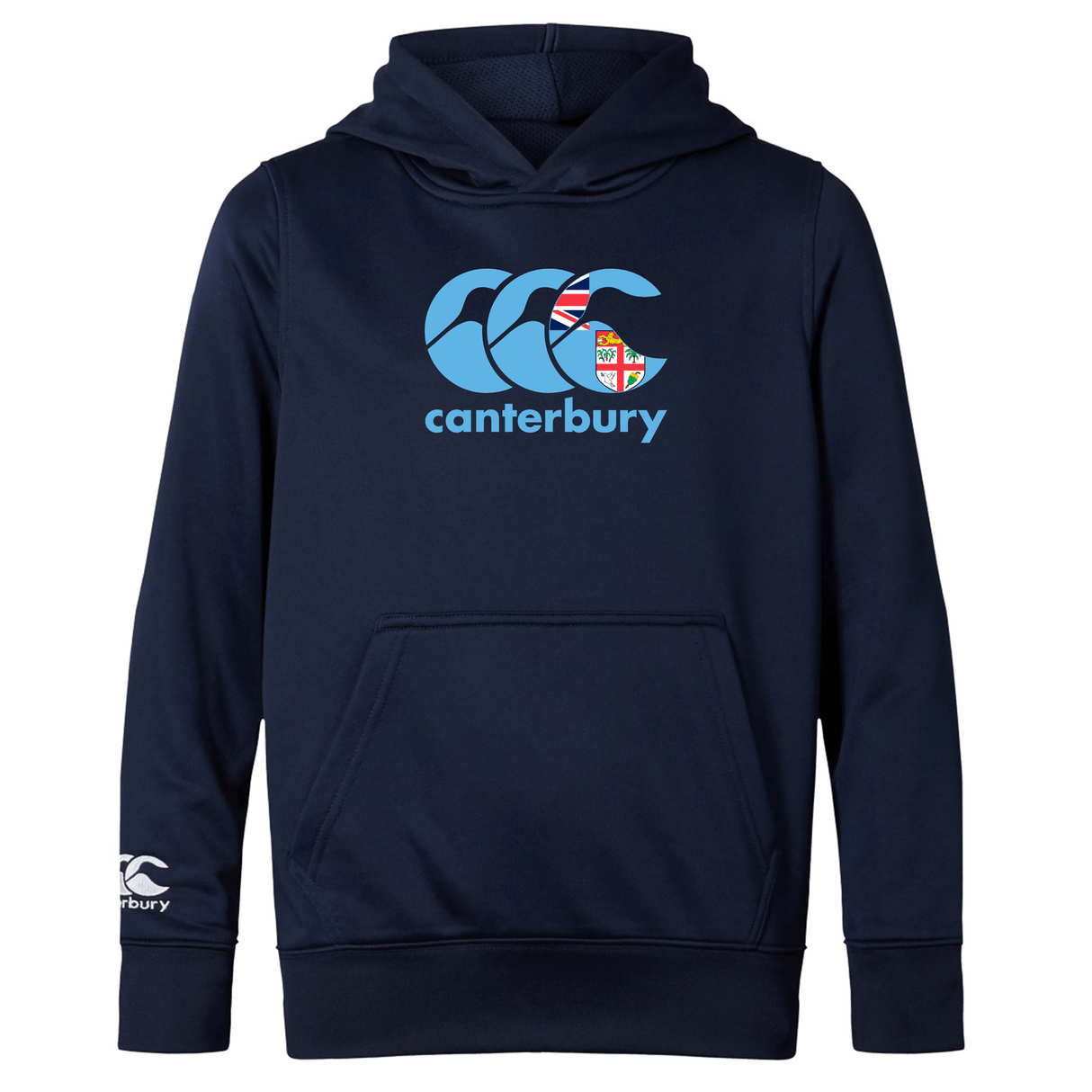 The WRS Canterbury Fiji CCC Club Lightweight Hoodie is navy blue, lightweight, and features the Canterbury logo with a unique flag design on the chest and an additional logo detail on the sleeve.