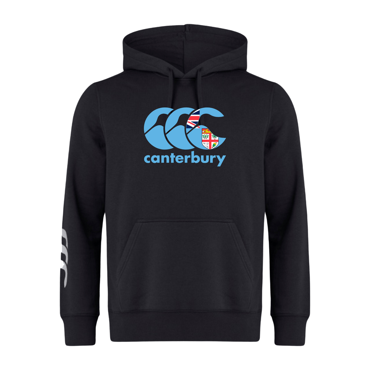 The Canterbury Fiji CCC Flag Club Hoodie by WRS Canterbury is a black sweatshirt with a blue and red CCC logo on the chest and a white one on the left sleeve.