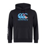 The Canterbury Fiji CCC Flag Club Hoodie by WRS Canterbury is a black sweatshirt with a blue and red CCC logo on the chest and a white one on the left sleeve.