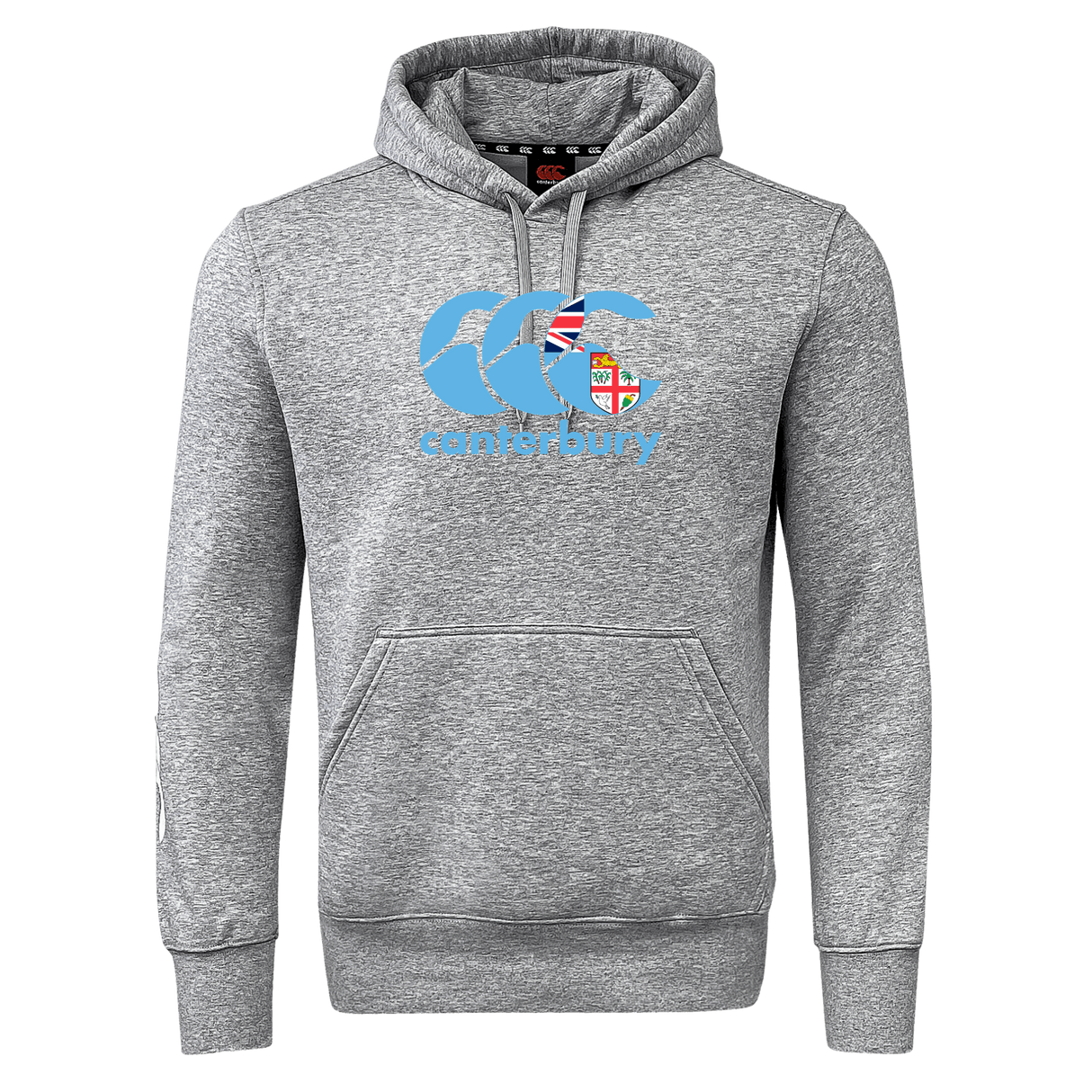 The Canterbury Fiji CCC Flag Club Hoodie by WRS Canterbury is a gray hoodie with a front pocket, showcasing a blue and white CCC logo and a small flag design on the chest.