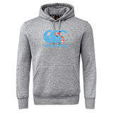 The Canterbury Fiji CCC Flag Club Hoodie by WRS Canterbury is a gray hoodie with a front pocket, showcasing a blue and white CCC logo and a small flag design on the chest.