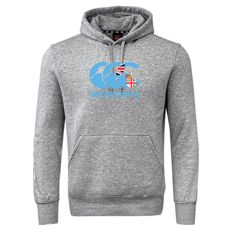 The Canterbury Fiji CCC Flag Club Hoodie by WRS Canterbury is a gray hoodie with a front pocket, showcasing a blue and white CCC logo and a small flag design on the chest.