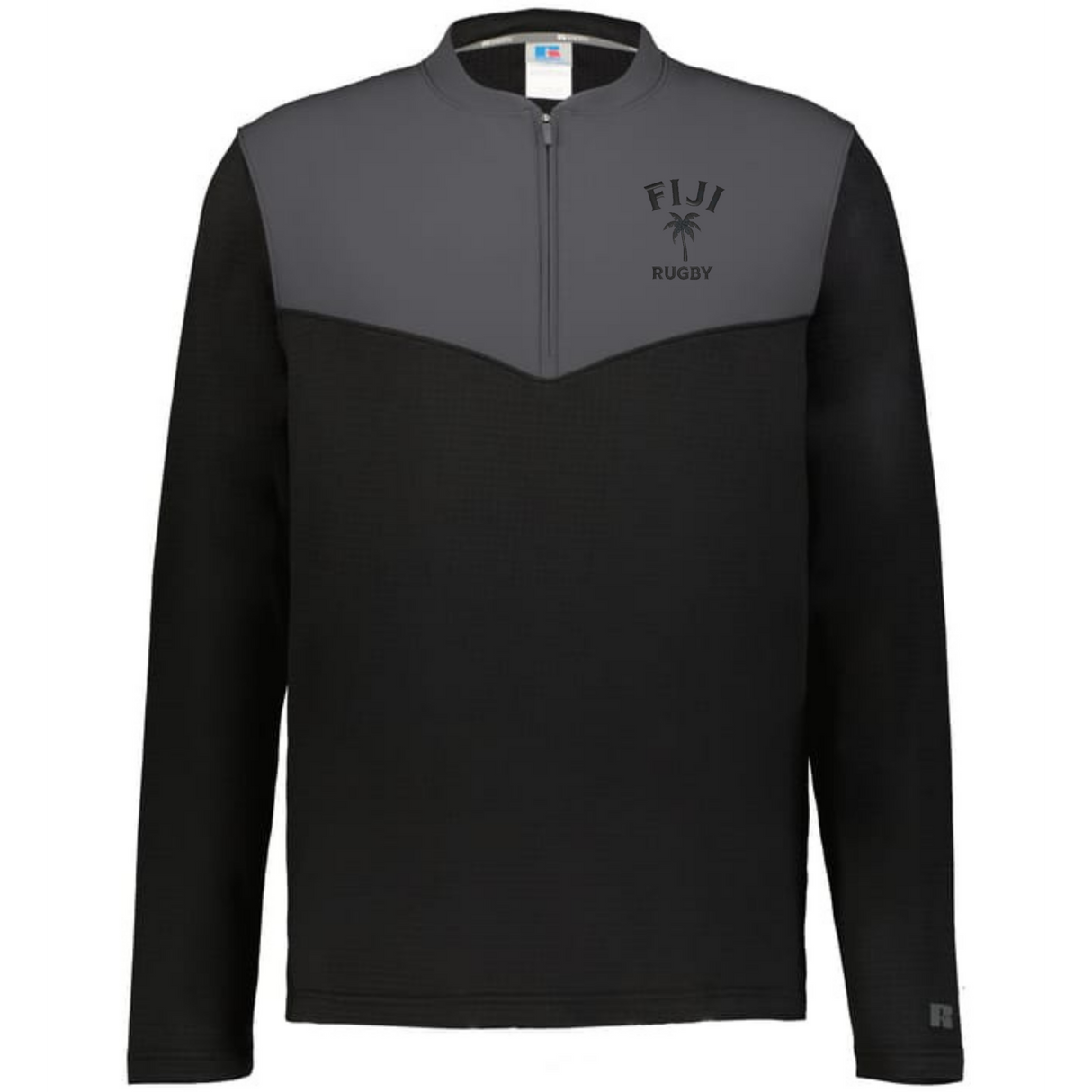 The EMB Augusta Nations of Rugby Fiji Sideline Grid 1/4 Zip Pullover is a black and gray fleece with "FIJI RUGBY" and palm tree logo on the chest—ideal for fans supporting Fiji rugby.