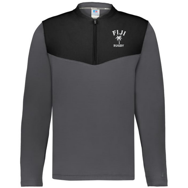 The EMB Augusta Nations of Rugby Fiji Sideline Grid 1/4 Zip Pullover features a black yoke, gray body and sleeves, and a "FIJI RUGBY" palm tree logo on the left chest—ideal for rugby fans.