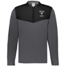 The EMB Augusta Nations of Rugby Fiji Sideline Grid 1/4 Zip Pullover features a black yoke, gray body and sleeves, and a "FIJI RUGBY" palm tree logo on the left chest—ideal for rugby fans.
