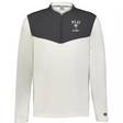 The EMB Augusta Nations of Rugby Fiji Sideline Grid 1/4 Zip Pullover features a dark gray yoke, white body, and "FIJI RUGBY" with palm tree graphic—ideal apparel for passionate rugby fans.