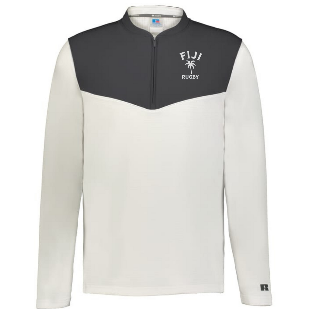 The EMB Augusta Nations of Rugby Fiji Sideline Grid 1/4 Zip Pullover features a dark gray yoke, white body, and "FIJI RUGBY" with palm tree graphic—ideal apparel for passionate rugby fans.