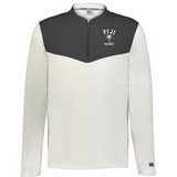 The EMB Augusta Nations of Rugby Fiji Sideline Grid 1/4 Zip Pullover features a dark gray yoke, white body, and "FIJI RUGBY" with palm tree graphic—ideal apparel for passionate rugby fans.